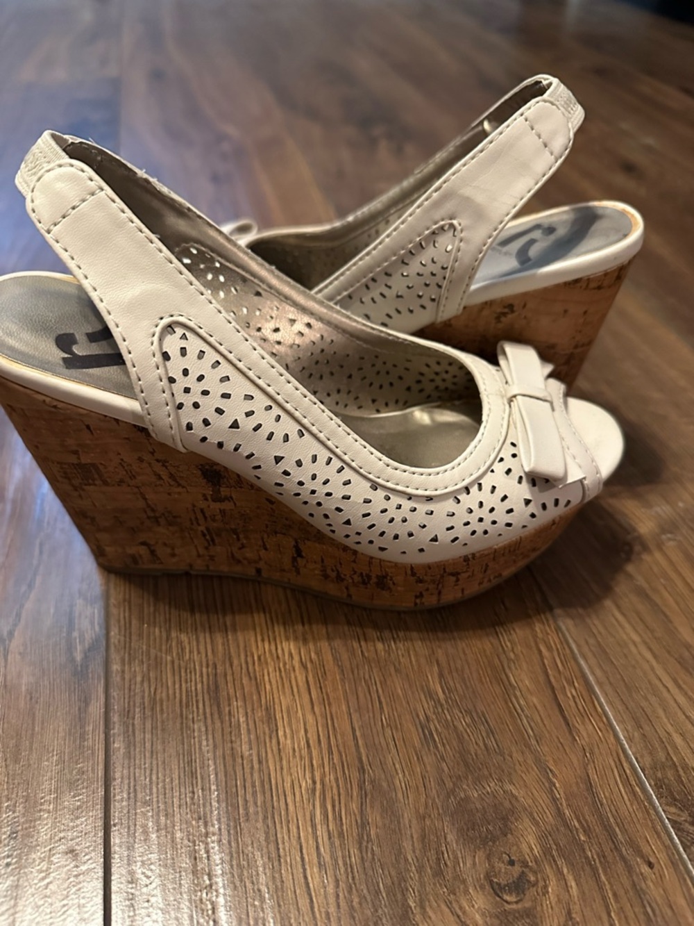 Report White Perforated Slingback Cork Wedge Sandals with Bow